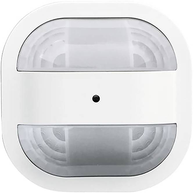 Ein weißer Bewegungsmelder mit quadratischem Design und abgerundeten Ecken, mit einem zentralen schwarzen Punkt zur Erkennung, vor einem einfachen Hintergrund.