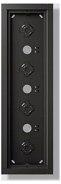 Ein schwarzes Server-Rack-Panel mit fünf vertikal angeordneten kreisförmigen Ausschnitten, das für Belüftung oder Kabelmanagement konzipiert ist.