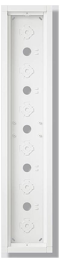 Vertales weißes Paneel mit mehreren kreisförmigen und sechseckigen Ausschnitten, wahrscheinlich zur Installation von elektronischen oder mechanischen Komponenten.