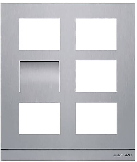 Ein Metallpanel mit sechs quadratischen Öffnungen, mit einem abgedeckten Schlitz, möglicherweise für eine Karte oder einen Zugriffsschlüssel. Das Design ist elegant und minimalistisch.