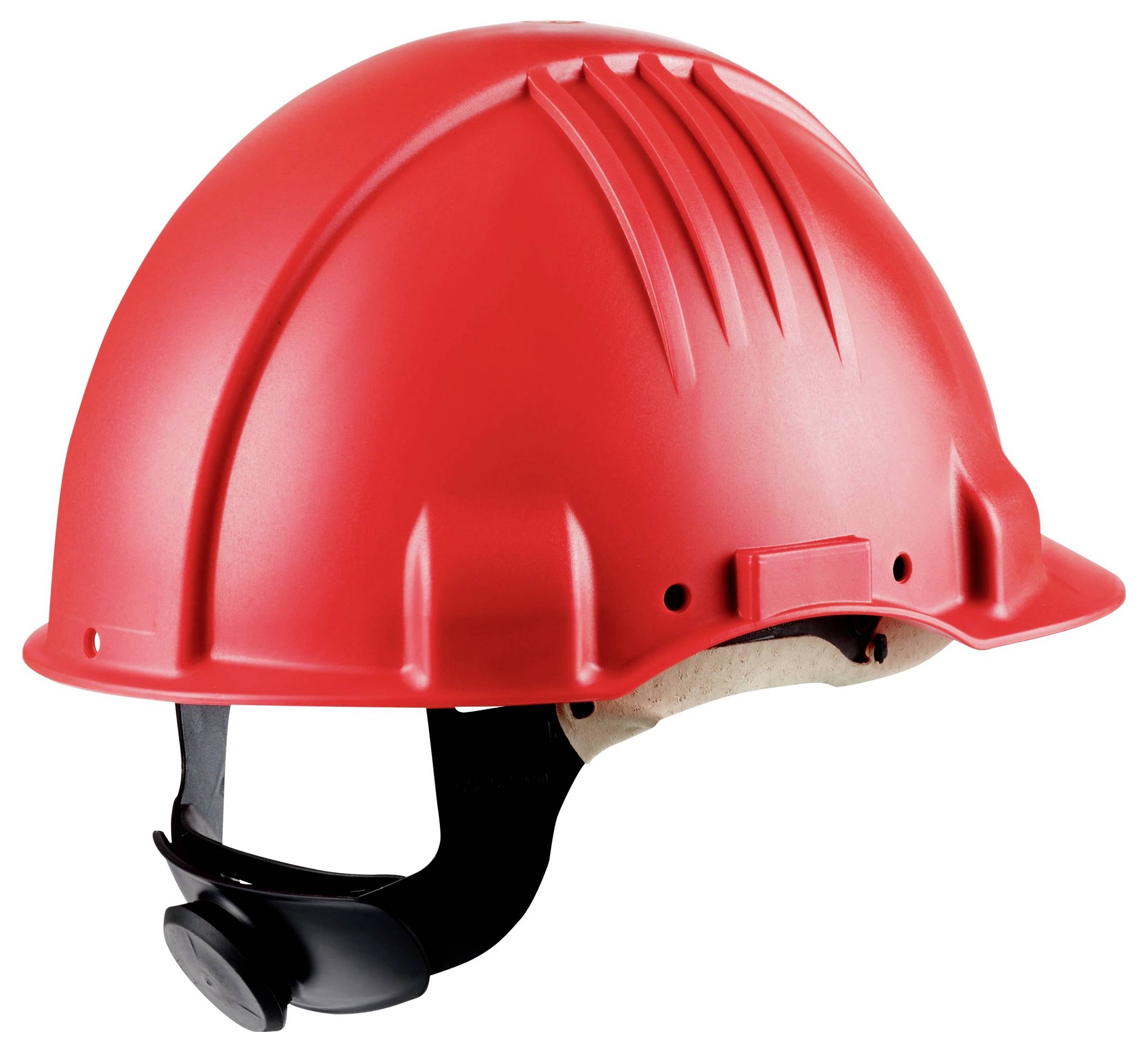 Roter Schutzhelm mit schwarzem verstellbarem Kinnriemen, verwendet zum Schutz des Kopfes in Bau- oder Industrieumgebungen.