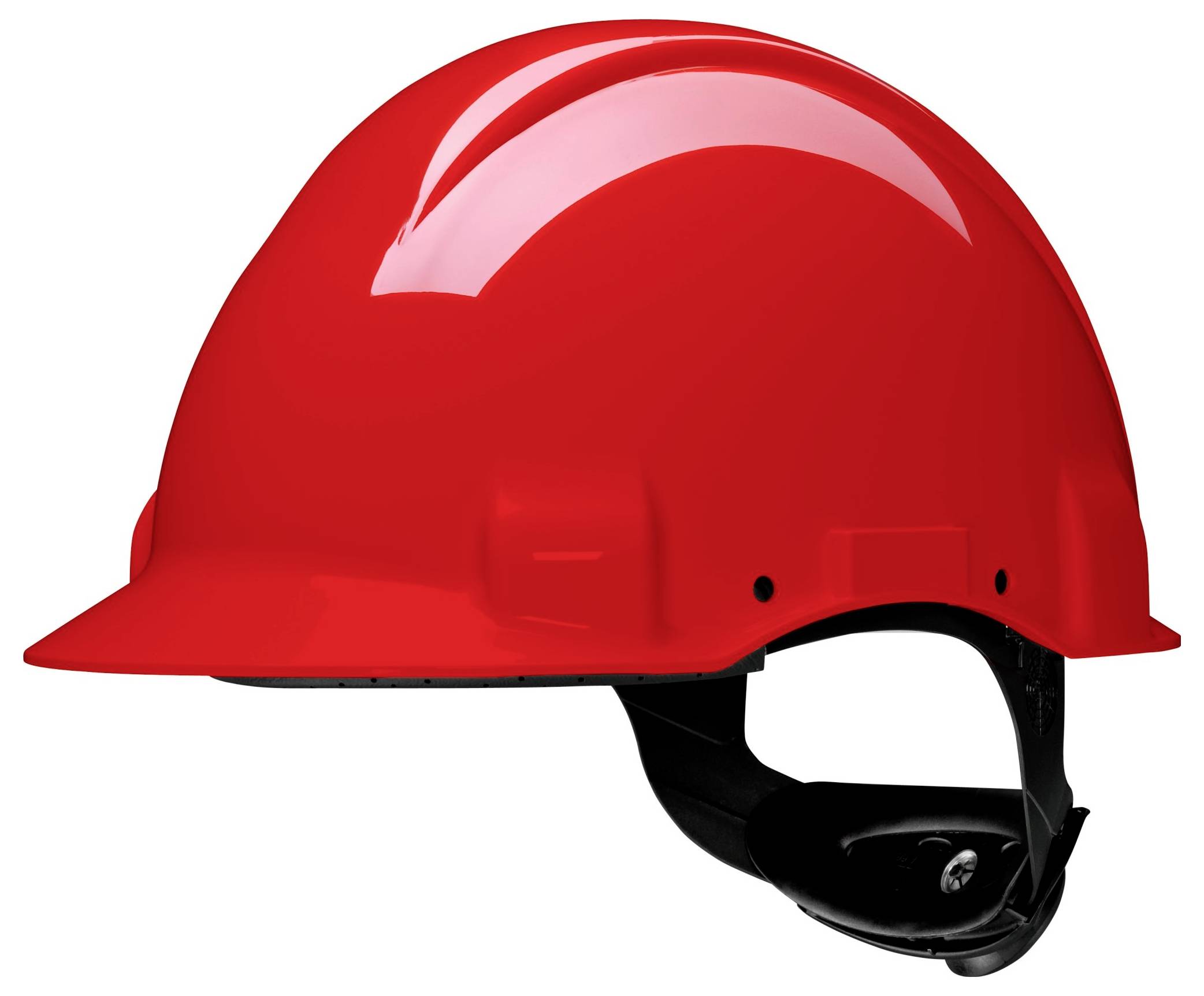 Ein roter Schutzhelm mit Kinnriemen, der zum Schutz des Kopfes auf Baustellen oder in industriellen Umgebungen verwendet wird.