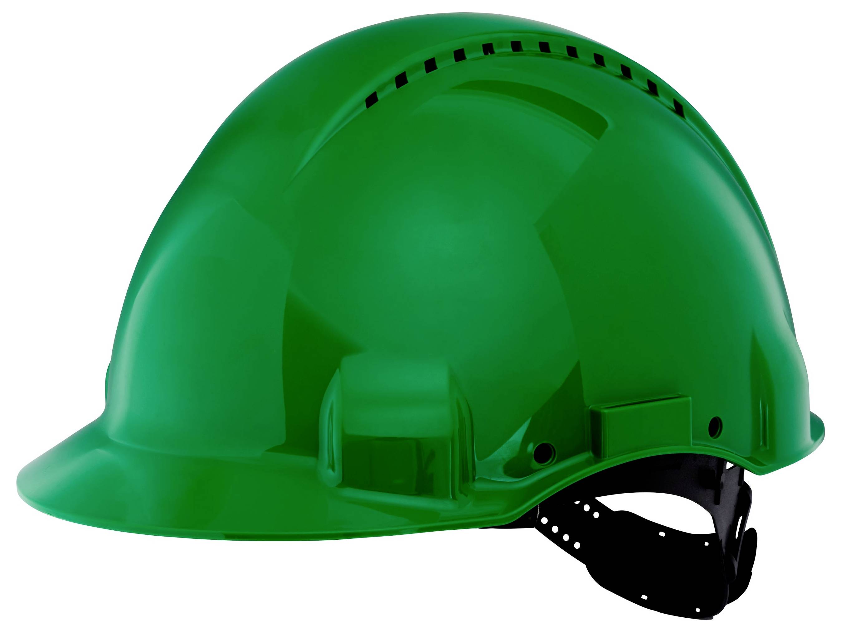 Ein grüner Schutzhelm mit Belüftungsschlitzen, entwickelt für Sicherheit und Kopfschutz auf Baustellen oder in Industrieumgebungen.