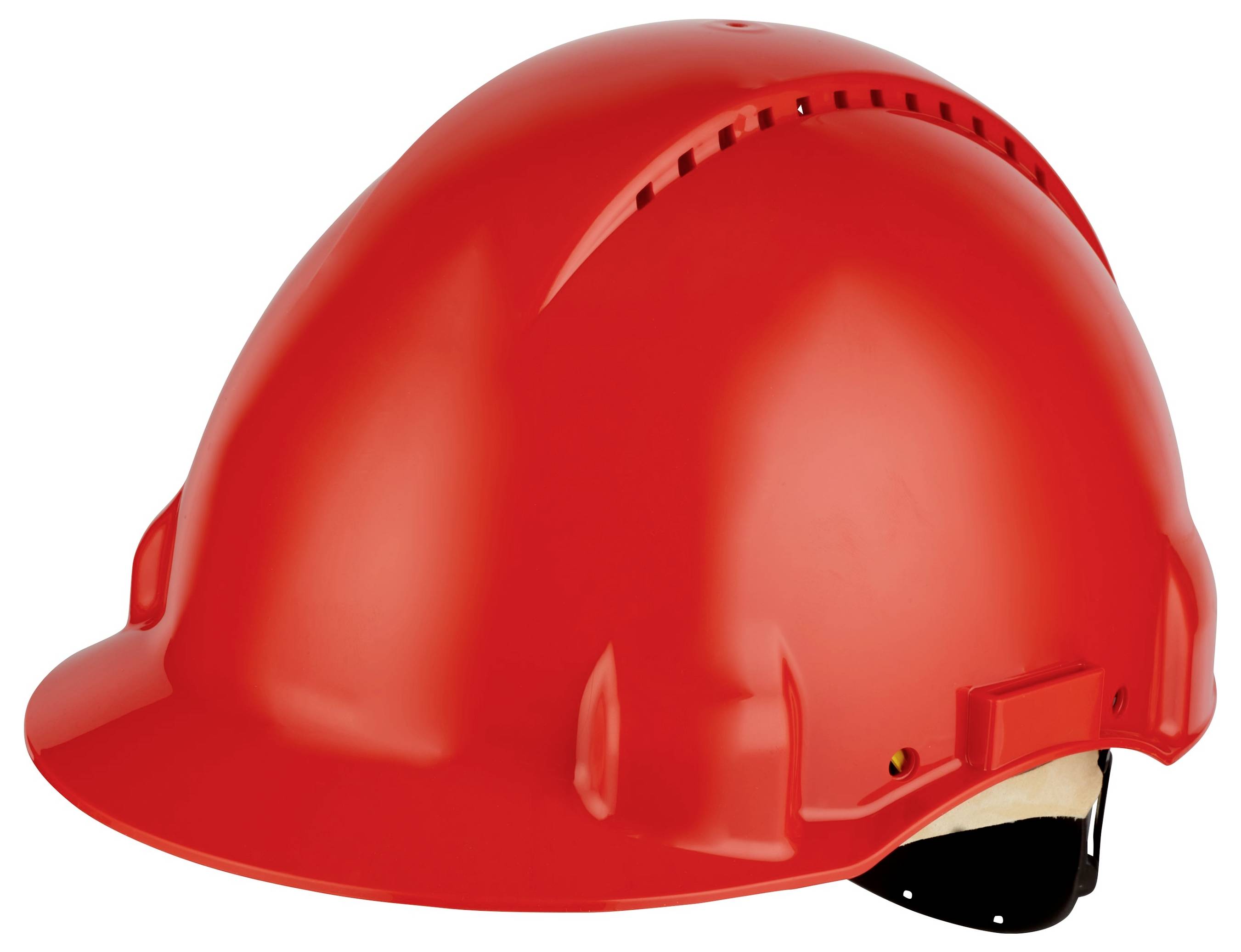 Ein roter Bauhelm, in Seitenansicht dargestellt, verwendet zum Kopfschutz auf Baustellen oder in industriellen Umgebungen.