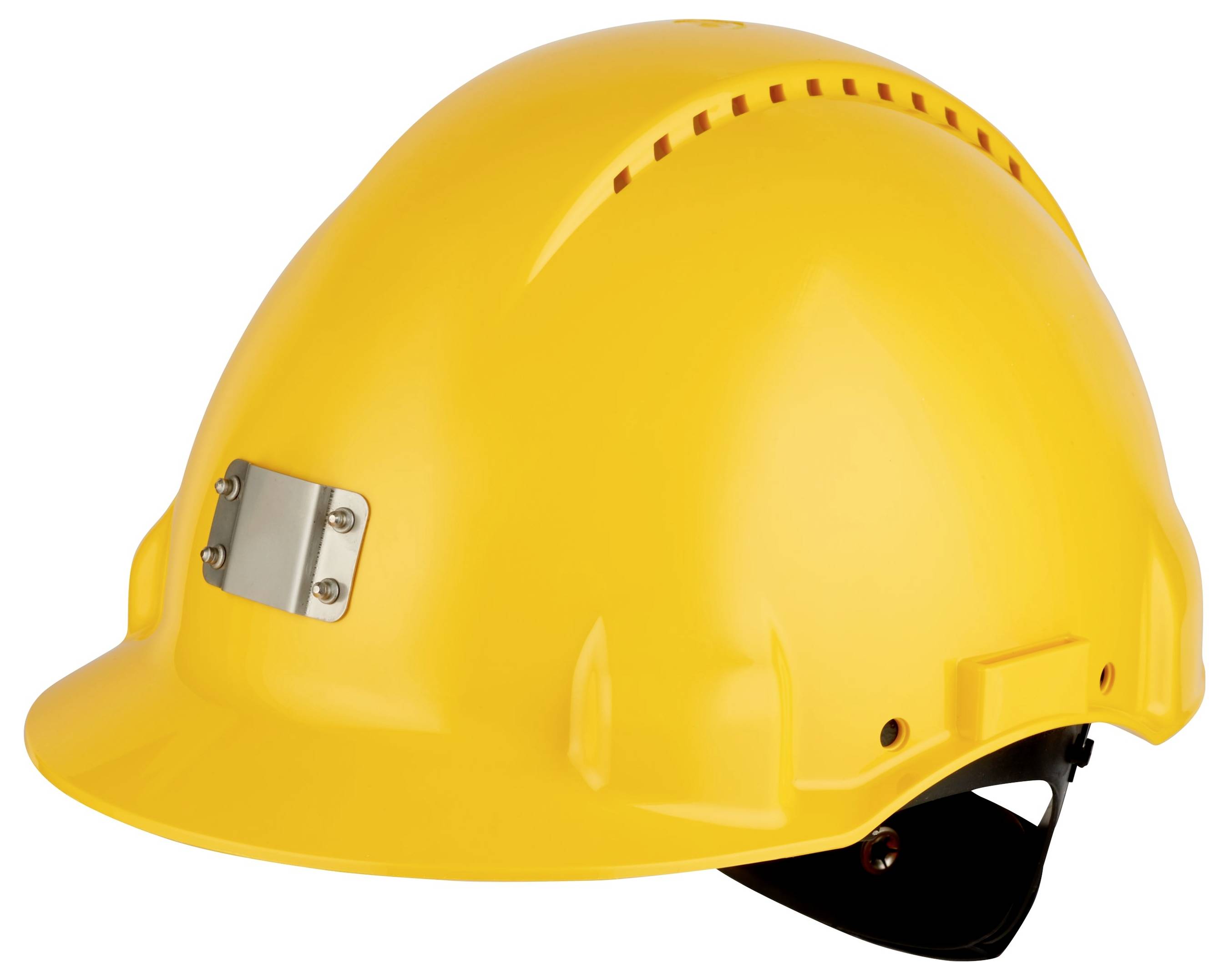 Ein gelber Schutzhelm mit Belüftungsschlitzen auf einer weißen Oberfläche.