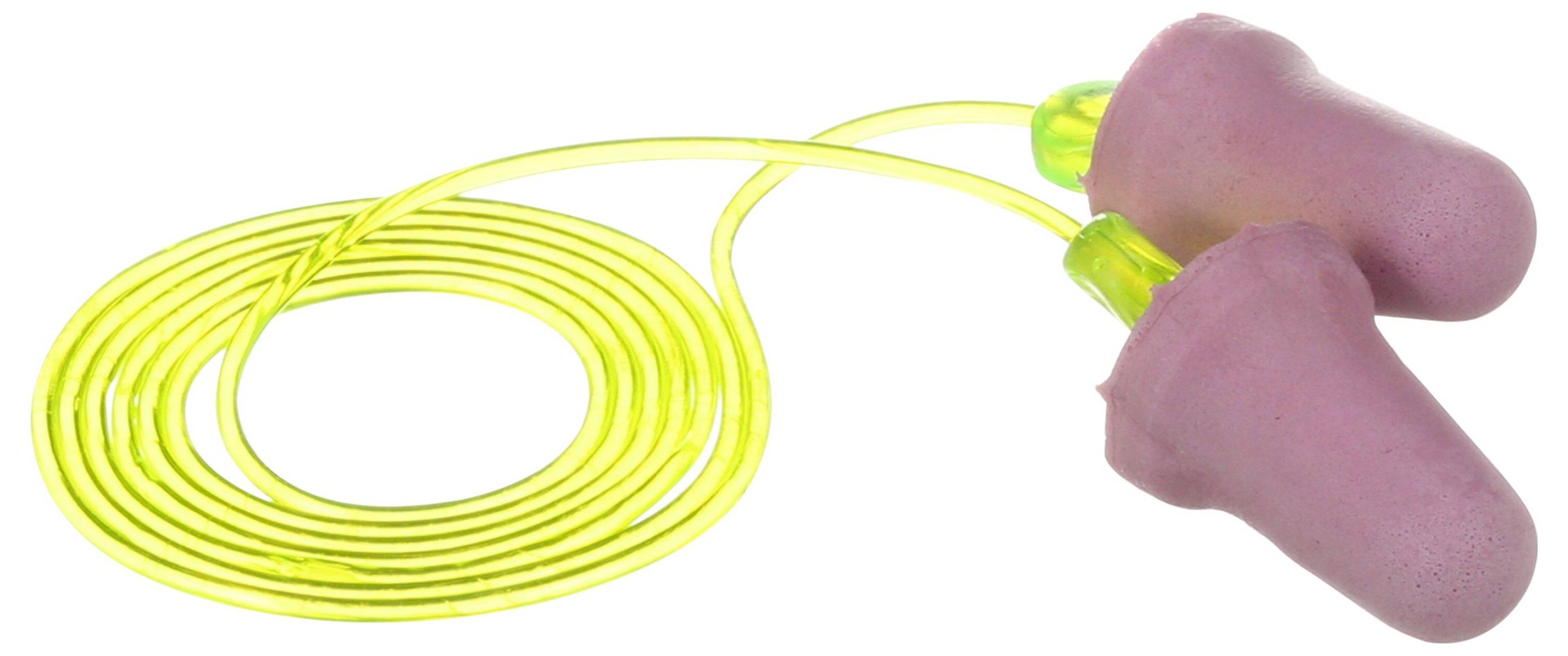 Rosa Schaumstoff-Ohrstöpsel mit gelbem Schnur.