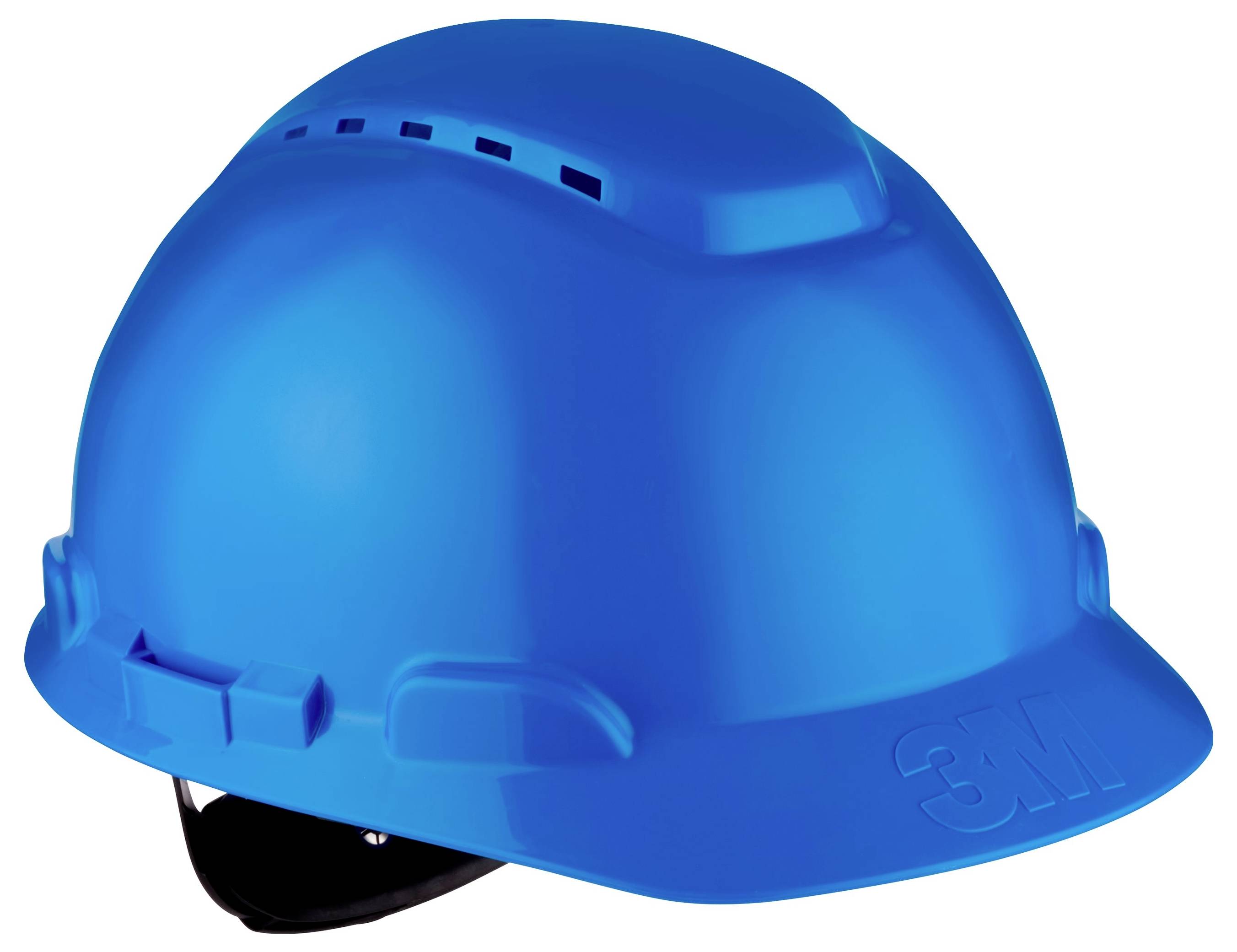 Ein blauer Sicherheitshelm vor weißem Hintergrund, mit Belüftungslöchern und einem verstellbaren Riemen, wird zum Schutz des Kopfes verwendet.