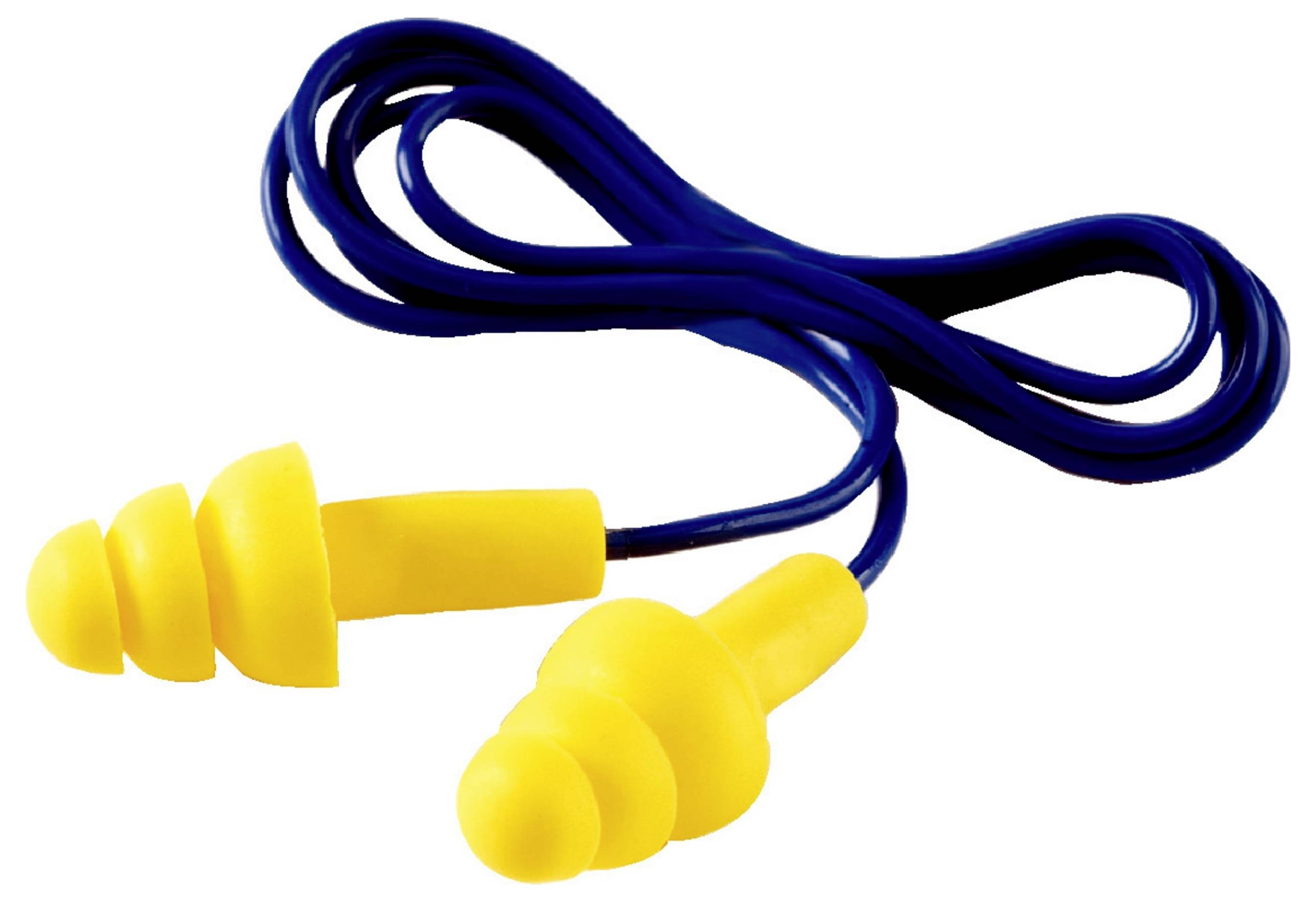 Gelbe Ohrstöpsel mit blauem Kabel, verwendet zum Gehörschutz.