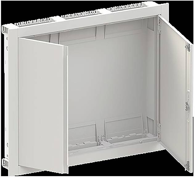 Eine 3D-Darstellung eines offenen, leeren rechteckigen Metallgehäuses mit Doppeltüren, geeignet für Elektro- oder Netzwerkinstallationen.