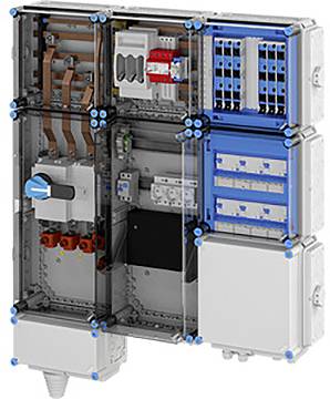 Elektrisches Schaltfeld mit verschiedenen Leistungsschaltern und Schaltern, mit blauen und grauen Komponenten und Verdrahtung in einem transparenten Gehäuse.