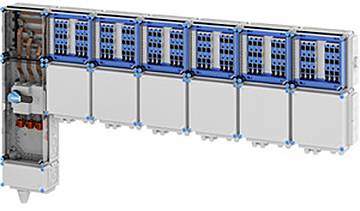 Eine elektrische Schalttafel mit mehreren blauen Modulen und Verdrahtung, die auf eine komplexe Steuerungs- oder Verteilungssystemkonfiguration hinweist.