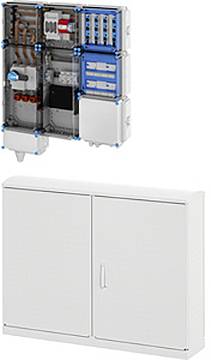 Ein offener Elektroverteiler mit verschiedenen Schaltkreisen und Komponenten, daneben ein geschlossener Schrank, die interne und externe Ansichten veranschaulichend.