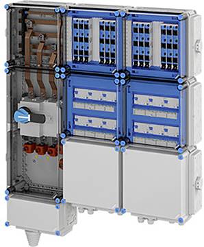 Eine modulare Elektroverteilanlage mit blauen und grauen Komponenten, die mehrere Leitungsschutzschalter und Anschlussklemmen aufweist.