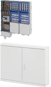 Elektrisches Schaltschrankgehäuse mit Ansicht der inneren Schaltkreise und geschlossener Ansicht der Schrankausfassung, die Türen und Griff zeigt.