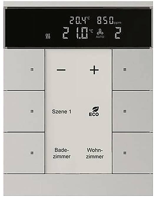 Temperaturkontrollpanel zeigt aktuelle Temperatur von 20,4°C und eingestellte Temperatur von 21,0°C an. Schaltflächen zeigen Einstellungen für Badezimmer und Wohnzimmer sowie Öko-Modus an.