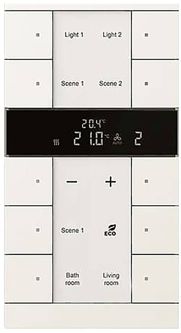 Weiße Wandschalttafel mit Schaltflächen mit den Bezeichnungen: Licht 1, Licht 2, Szenario 1, Szenario 2, Badezimmer, Wohnzimmer. Zeigt Temperatur- und Lüftereinstellungen an.
