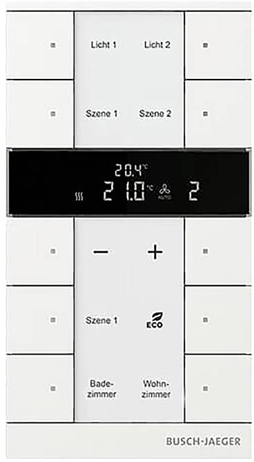 Ein weißes Touchscreen-Bedienfeld mit Temperaturanzeige, Tasten für „Licht