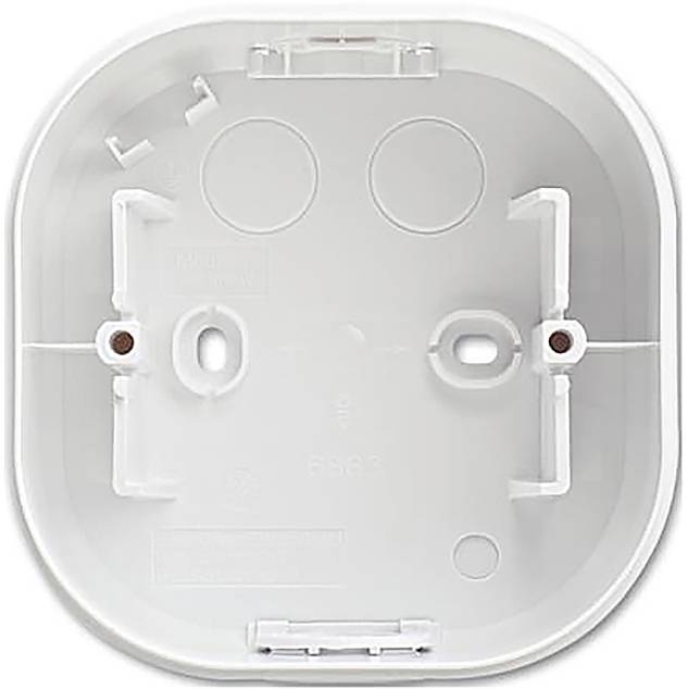 Weiße Kunststoffmontageklammer für die Installation von Rauchmeldern, mit zwei Schlüssellöchern, abgerundeten Kanten und einer zentralen Ausrichtungsmarkierung.