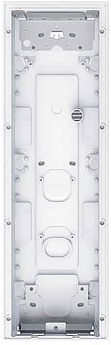 Eine metallische rechteckige Gegensprechanlage-Unterputzdose mit mehreren Kabeleinführungspunkten und Befestigungslöchern, die zum Sichern und Verbinden von Gegensprechanlagensystemen verwendet wird.