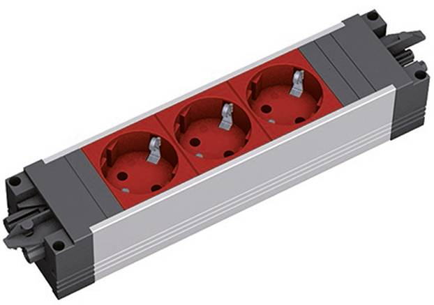 Ein modulares Stromverteiler mit drei roten Steckdosen, angebracht in einem rechteckigen Metallgehäuse, mit Anschlüssen an beiden Enden.
