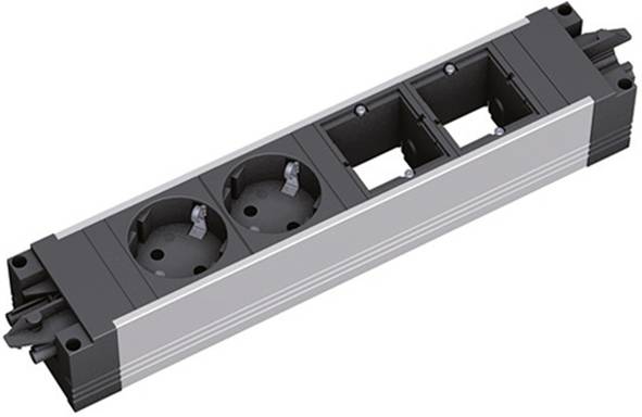 Eine Stromverteilungseinheit mit zwei europäischen Steckdosen und zwei leeren Modularplätzen, entwickelt für die Integration in Schreibtische oder Arbeitsbereiche.