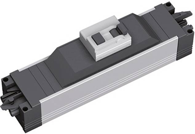 Ein schwarzes und graues Industriebauteil mit rechteckiger Form und einem zentralen weißen Schiebemedianismus, aus einem Winkel betrachtet.