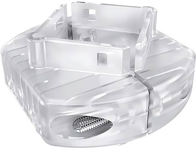 Eine transparente Kunststoffmontageklammer mit kreisförmiger Basis und rechteckigen Schlitzen, entwickelt zum Befestigen von Ausrüstung oder Geräten.