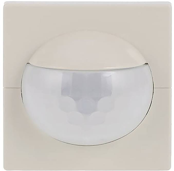 Ein beiger quadratischer Bewegungsmelder mit einer gewölbten Linse in der Mitte, der zur automatischen Beleuchtungssteuerung in Innenräumen verwendet wird.