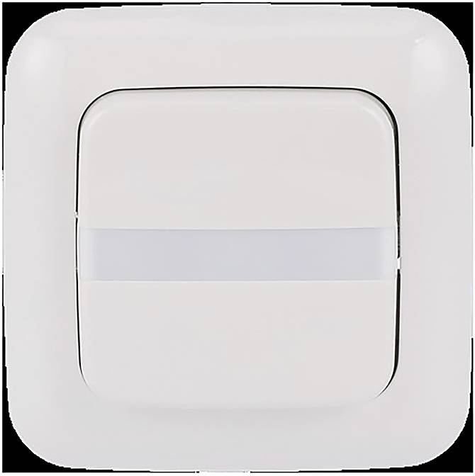 Ein weißer quadratischer Lichtschalter mit einer horizontalen Nut in der Mitte, vor einem einfachen Hintergrund angebracht.