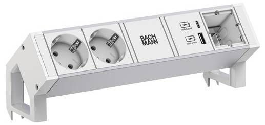 Bachmann-Steckdosenleiste mit zwei europäischen Steckdosen und zwei USB-Anschlüssen, konzipiert zur Oberflächenmontage.