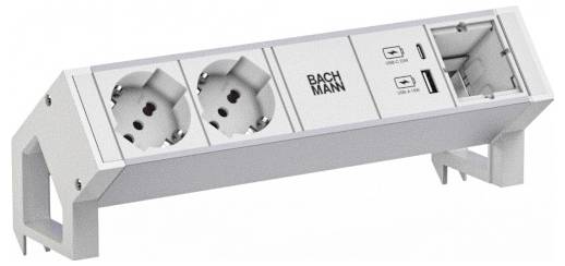 Eine Steckerleiste mit zwei europäischen Steckdosen, USB-C- und USB-A-Anschlüssen und abgewinkeltem Design für einfache Zugänglichkeit.