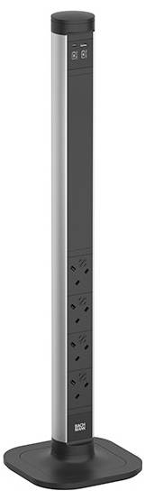 Hohe, vertikale Steckerleiste mit mehreren Steckdosen und Ladeanschlüssen, die auf einer stabilen Basis steht.