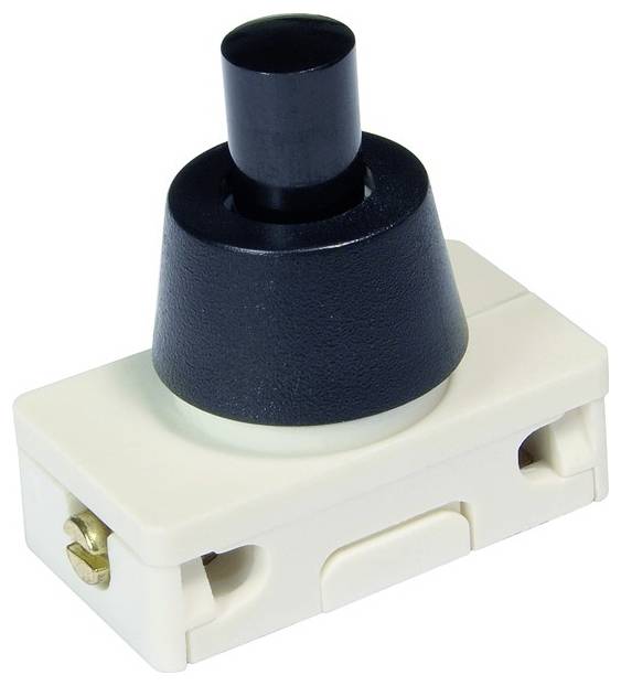 Ein schwarzer Druckknopfschalter, der auf einer weißen rechteckigen Basis mit Seitenanbringungen montiert ist, normalerweise zum Steuern von Stromkreisen verwendet.