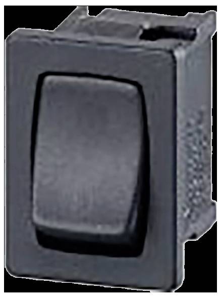 Ein schwarzer Wippschalter in der 'Aus'-Position, eingebaut in einen rechteckigen Rahmen.