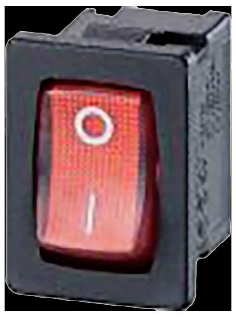 Ein schwarz-roter Wippschalter mit einem Stromsymbol (Kreis und Linie), das die Ein- und Aus-Positionen anzeigt.