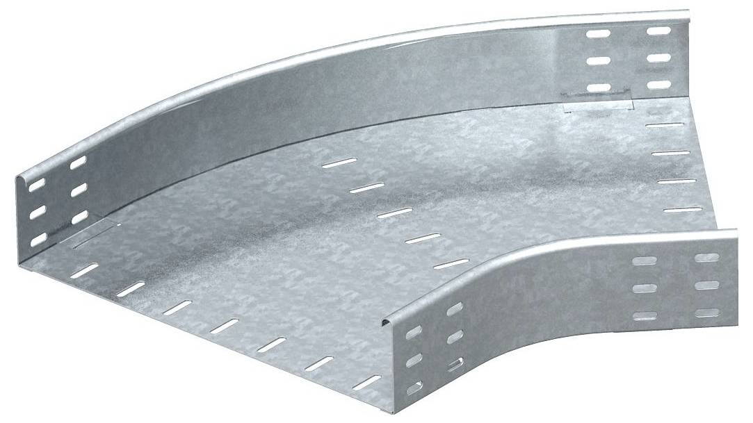 Ein Metallkabelkanal-Winkel mit Lochungen, der zum Verlegen von Kabeln um Ecken in elektrischen Anlagen verwendet wird.