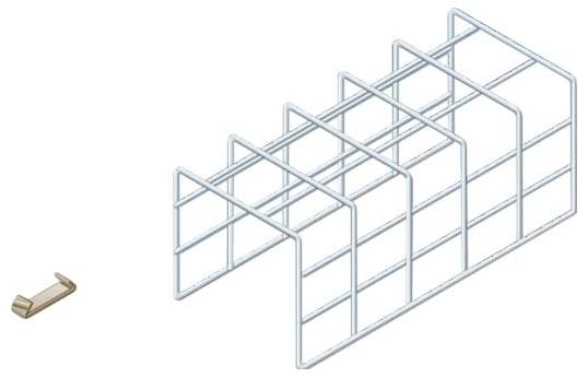 Ein Metallgitterständer mit Gitterdesign wird zusammen mit einer kleinen Holzklammer gezeigt, was auf Montage oder Befestigung hindeutet.