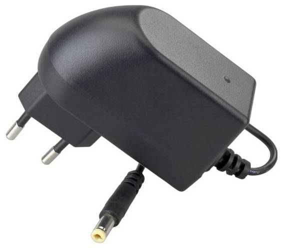 Ein schwarzer Stecker-Netzadapter mit rundem Stecker und zwei Stiften, der zum Aufladen von elektronischen Geräten verwendet wird.