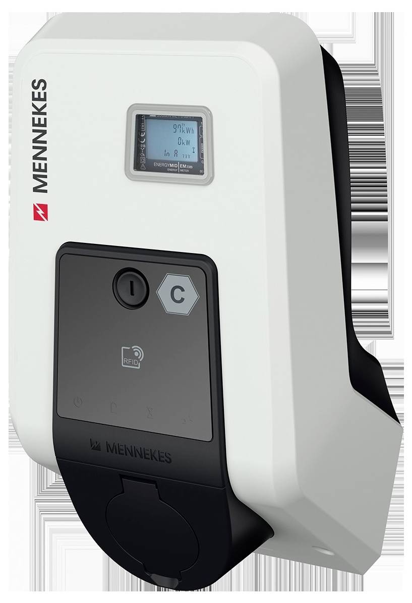 Ladestation für Elektrofahrzeuge in einem weiß-schwarzen Gehäuse mit digitalem Display, das 99% Ladung anzeigt.
