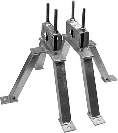 Eine Metallhalterung zum Tragen von Doppelrohren mit sechs angewinkelten Beinen und zwei rechteckigen Schlitzen zur sicheren Befestigung.