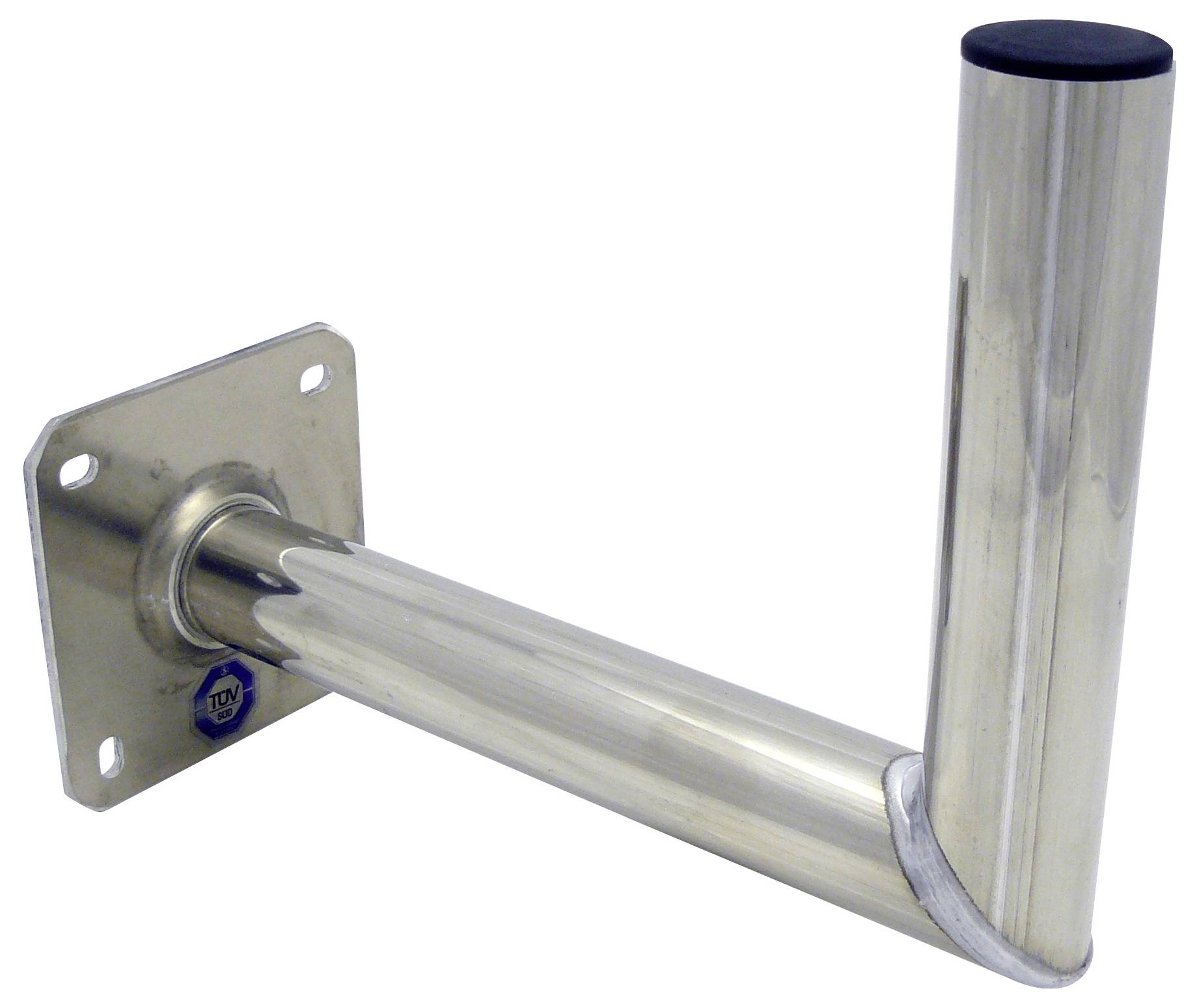 Eine Wandmontageklammer aus Edelstahl mit einem zylindrischen Arm, der sich horizontal erstreckt, und einer Basis mit Löchern für Schrauben.