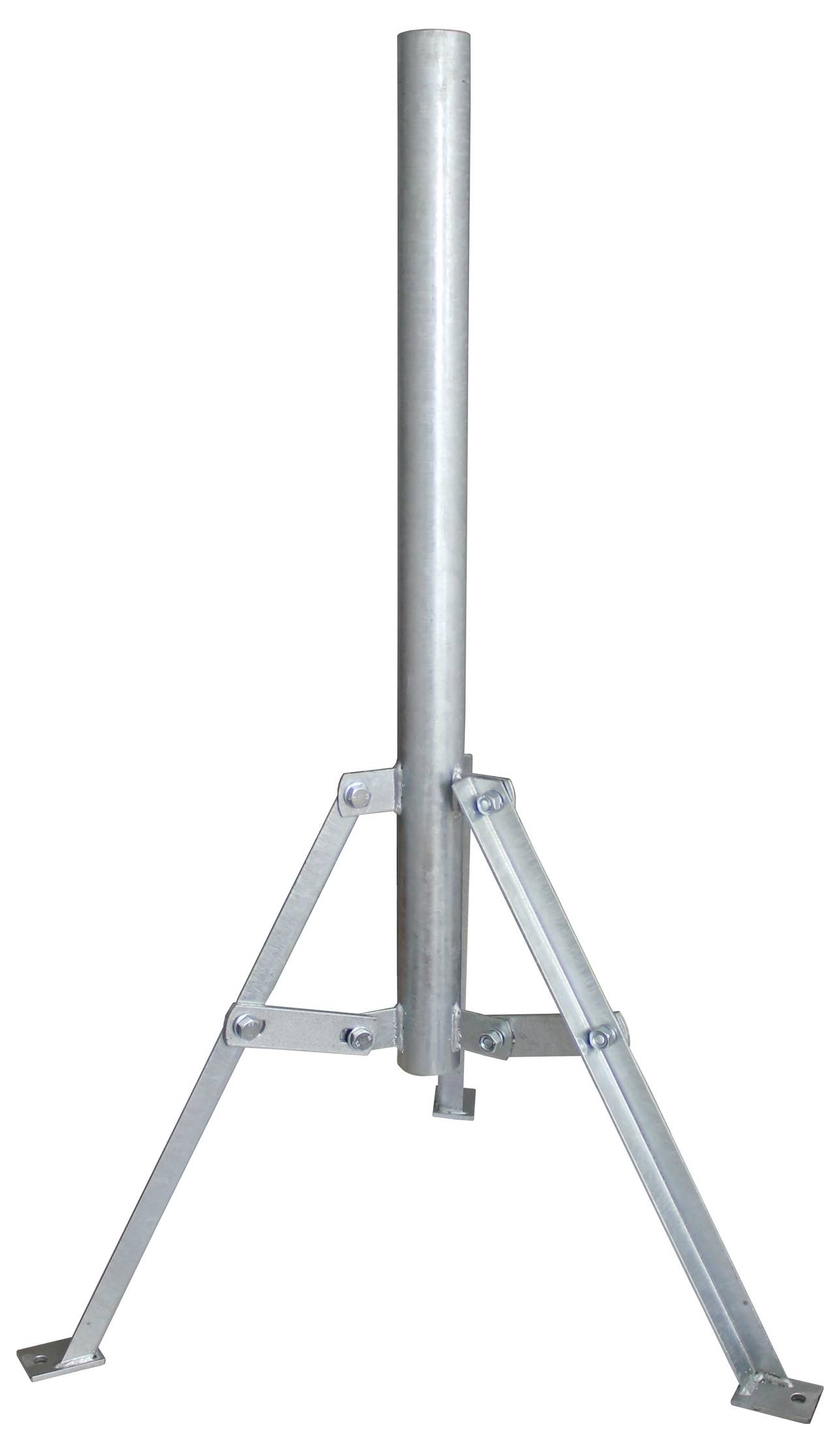 Antennenmast mit drei Metallbeinen zur Stabilität, auf einem einfachen weißen Hintergrund platziert.