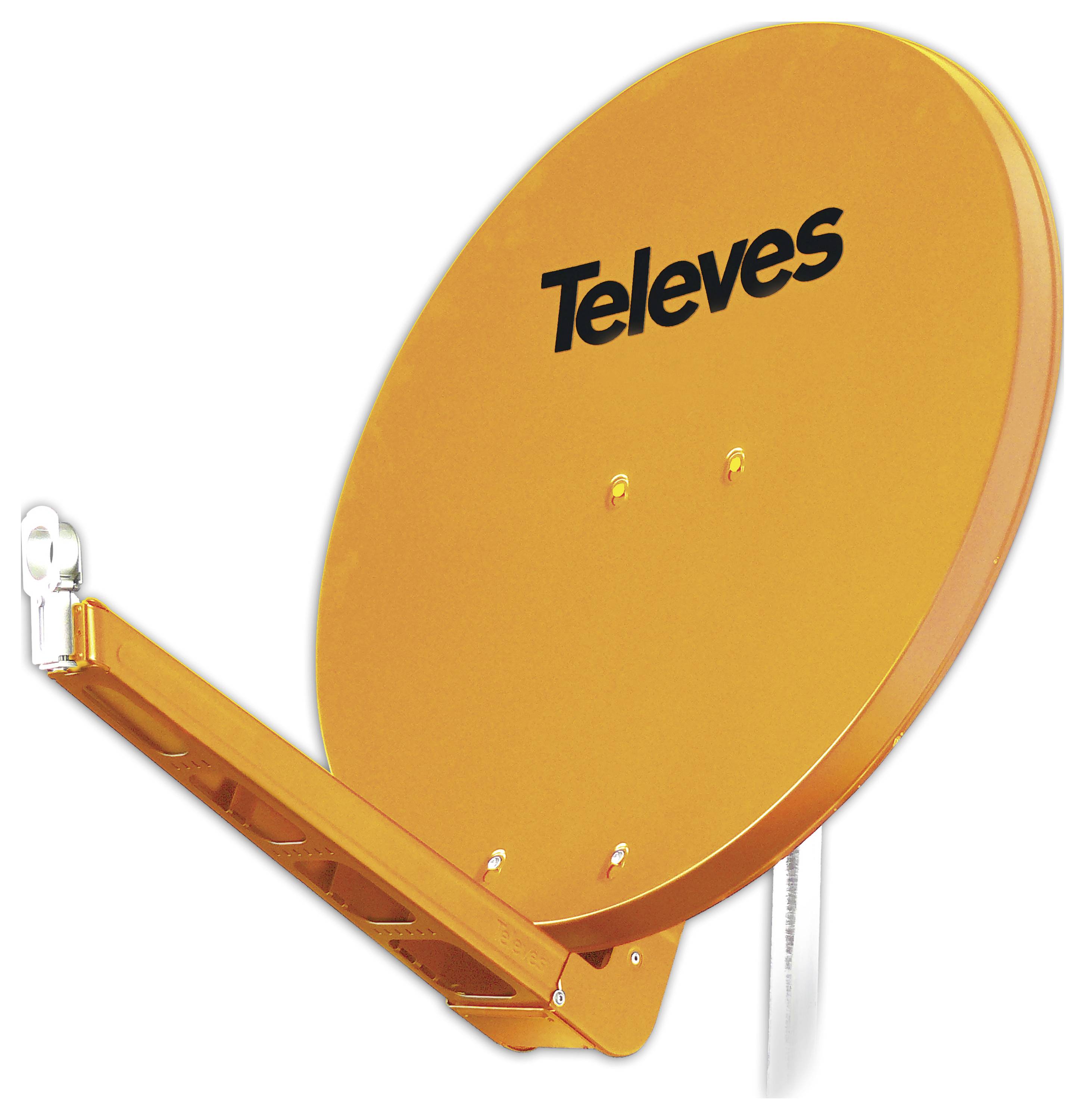 Orangene Satellitenschüssel mit 'Televes'-Logo, auf einem Mast montiert, wird zum Empfang von Satellitensignalen verwendet.