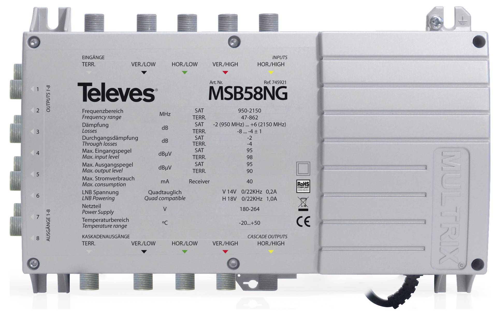 Ein silberner Televes MSB58NG Multischalter mit mehreren Anschlussports für Kabelverbindungen, beschriftet mit technischen Spezifikationen.