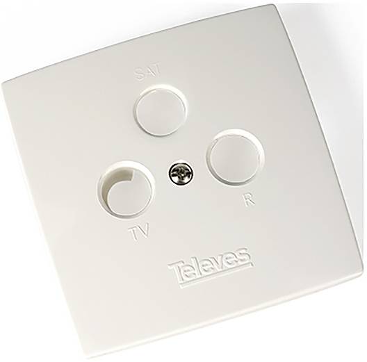 Eine weiße Wandplatte mit drei kreisförmigen Anschlüssen, beschriftet mit „SAT