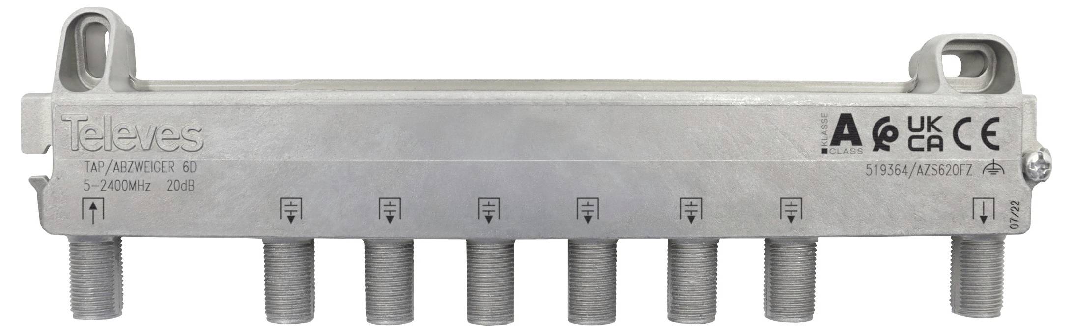 Ein rechteckiges Metallpanel mit acht quadratischen Ausschnitten, die in zwei vertikalen Spalten angeordnet sind. Ein Ausschnitt hat ein vorstehendes Element. Markenname unten.