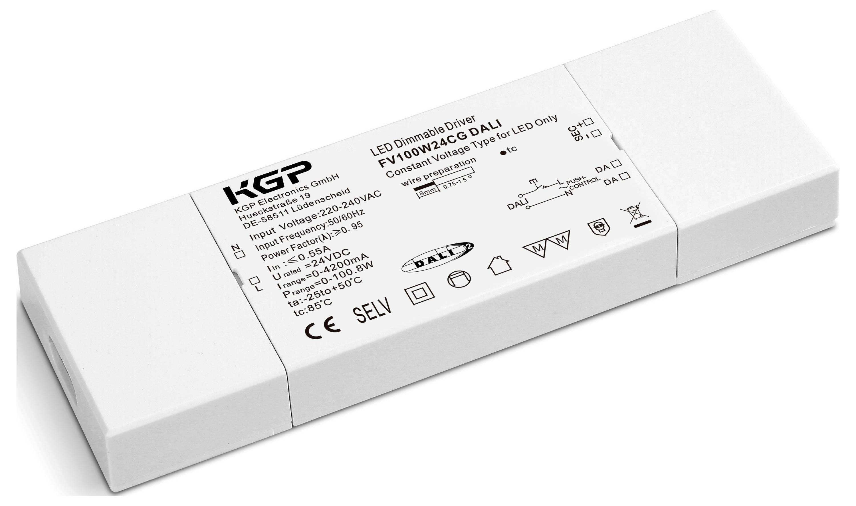Rechteckiger dimmbarer LED-Treiber mit der Bezeichnung „KGP LED Dimmable Driver FW108W24CG DALI