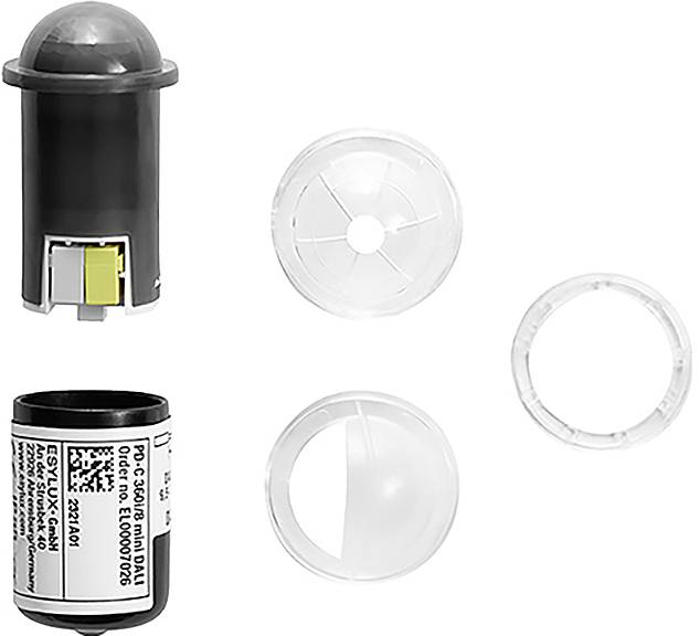 Sensor in Teile zerlegt: Hauptkörper mit Etikett und elektronischen Details, domförmige Abdeckung, runde weiße Kappe und Ring.