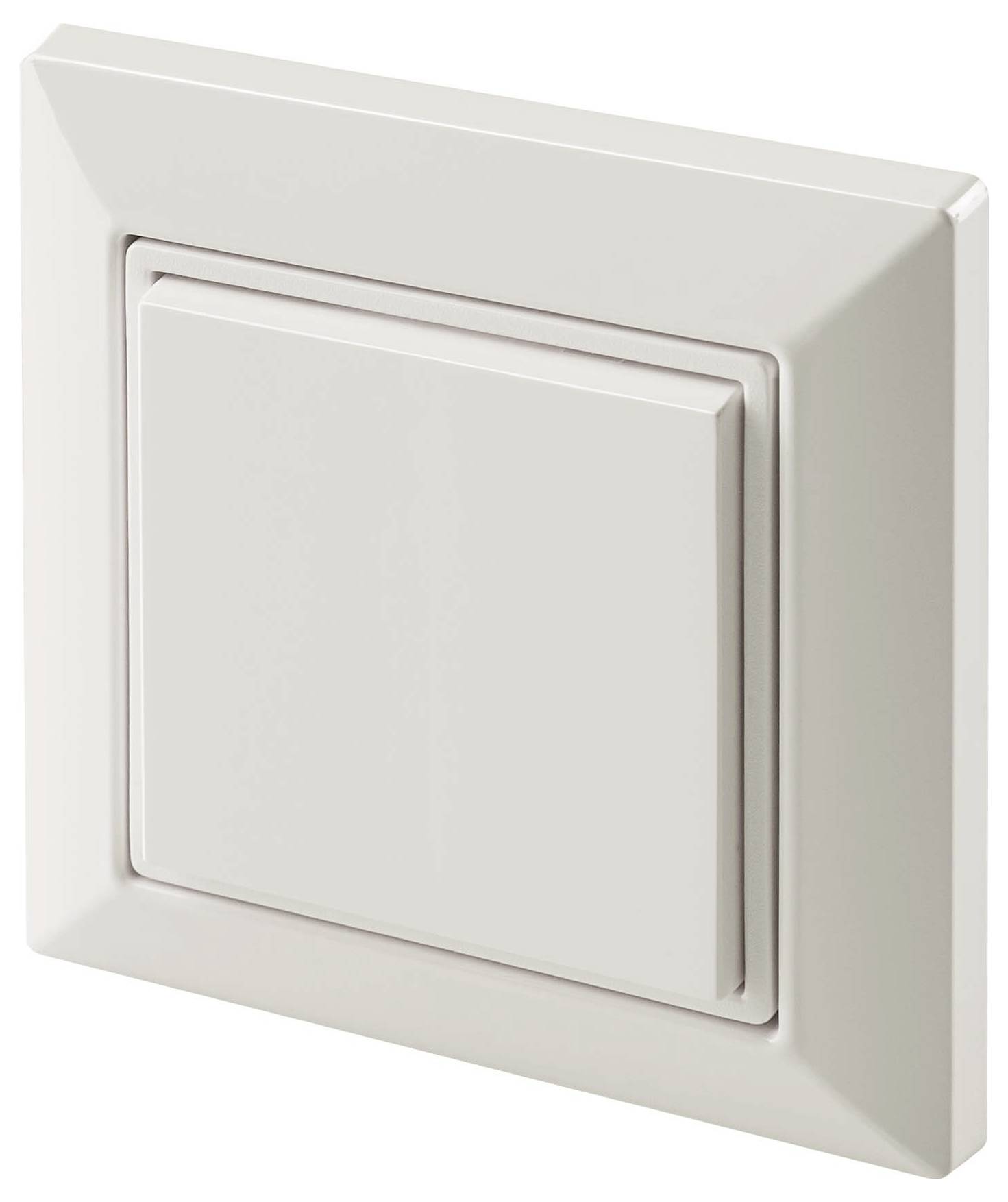 Ein quadratischer, weißer Lichtschalter mit einem einfachen, modernen Design auf weißem Hintergrund.