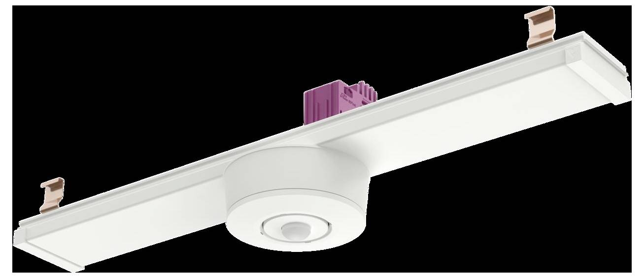 Eine weiße, lineare Deckenleuchte mit einem runden Bewegungsmelder in der Mitte, ausgestattet mit kupferfarbenen Klammern an beiden Enden zur Befestigung.